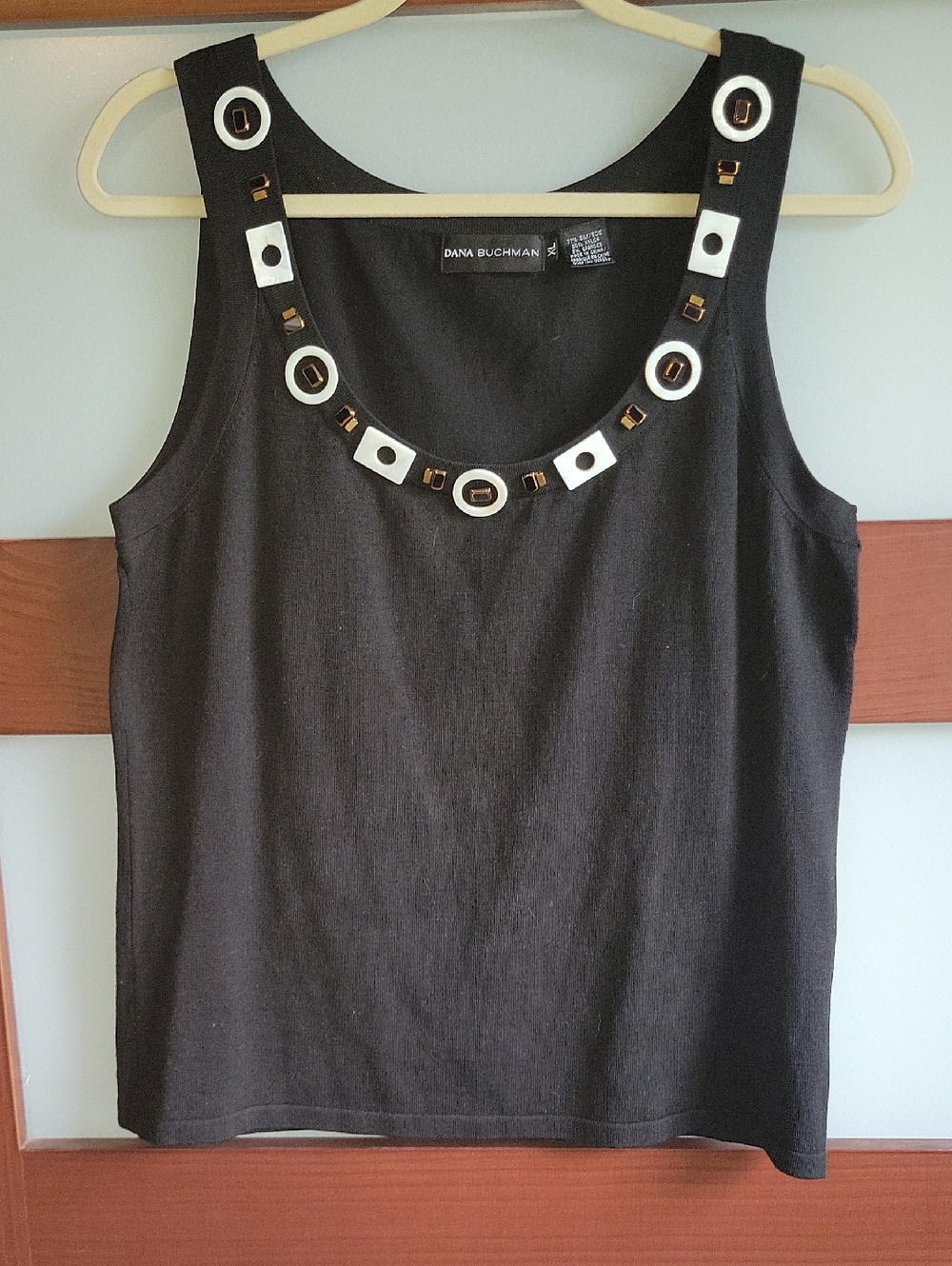 Dana Buchman Black Sleeveless Tank with White & Gold Geometric Accents